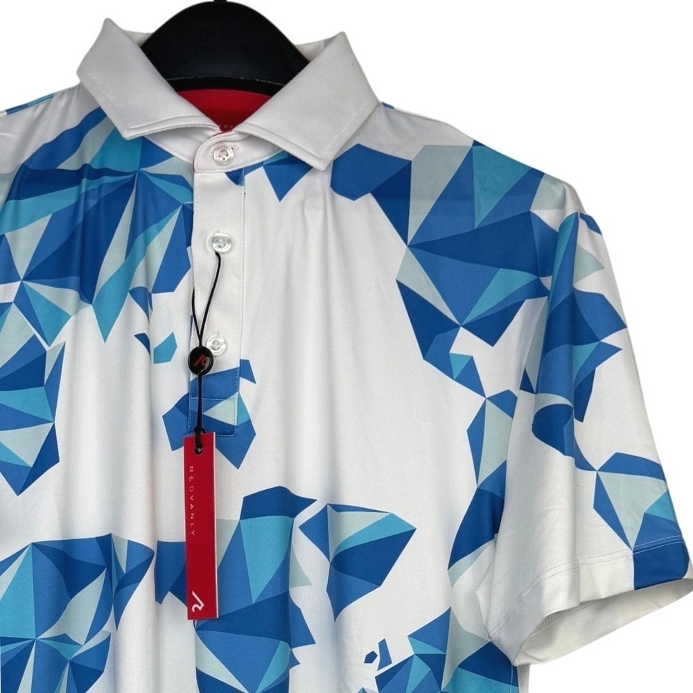 NEW REDVANLY Bond Polo Mens S Performance Bright White Geometric World Map $95